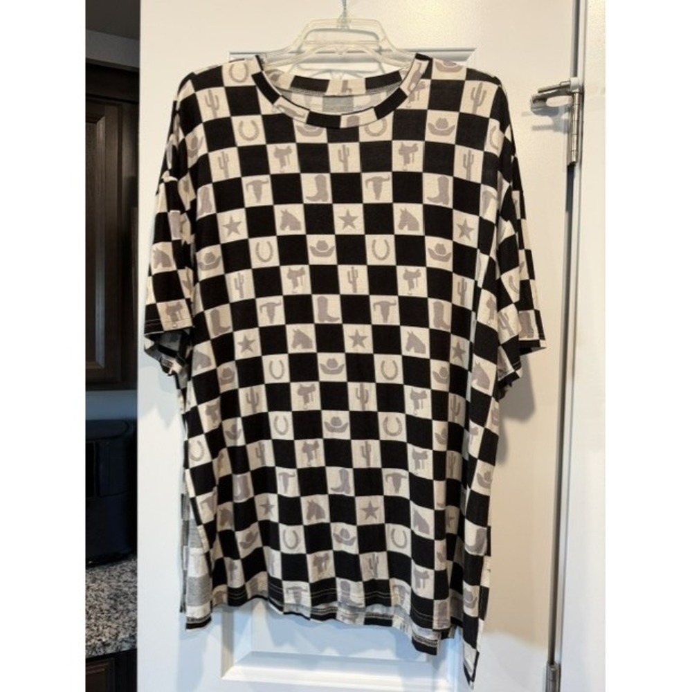 2 Fly Co Womens 2XL Western Luck Checkerboard Rodeo Cowgirl Top Black Cream